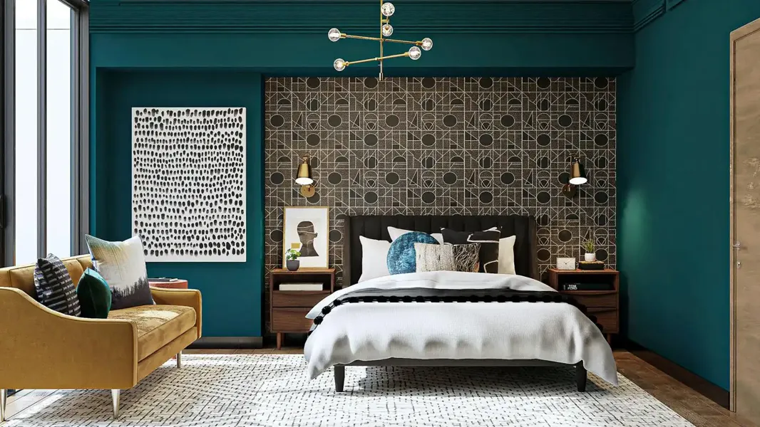 Bedroom with dark geometric patterned wallpaper on the headboard wall