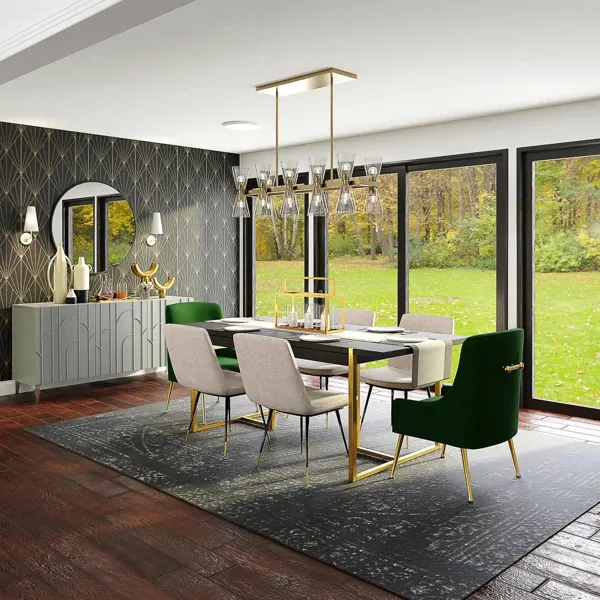 Dining room with a modern diamond wallpaper pattern