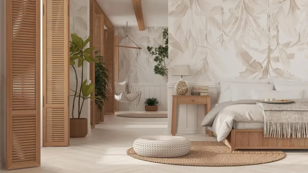 Modern tropical bedroom wallpaper with natural woods and light tones